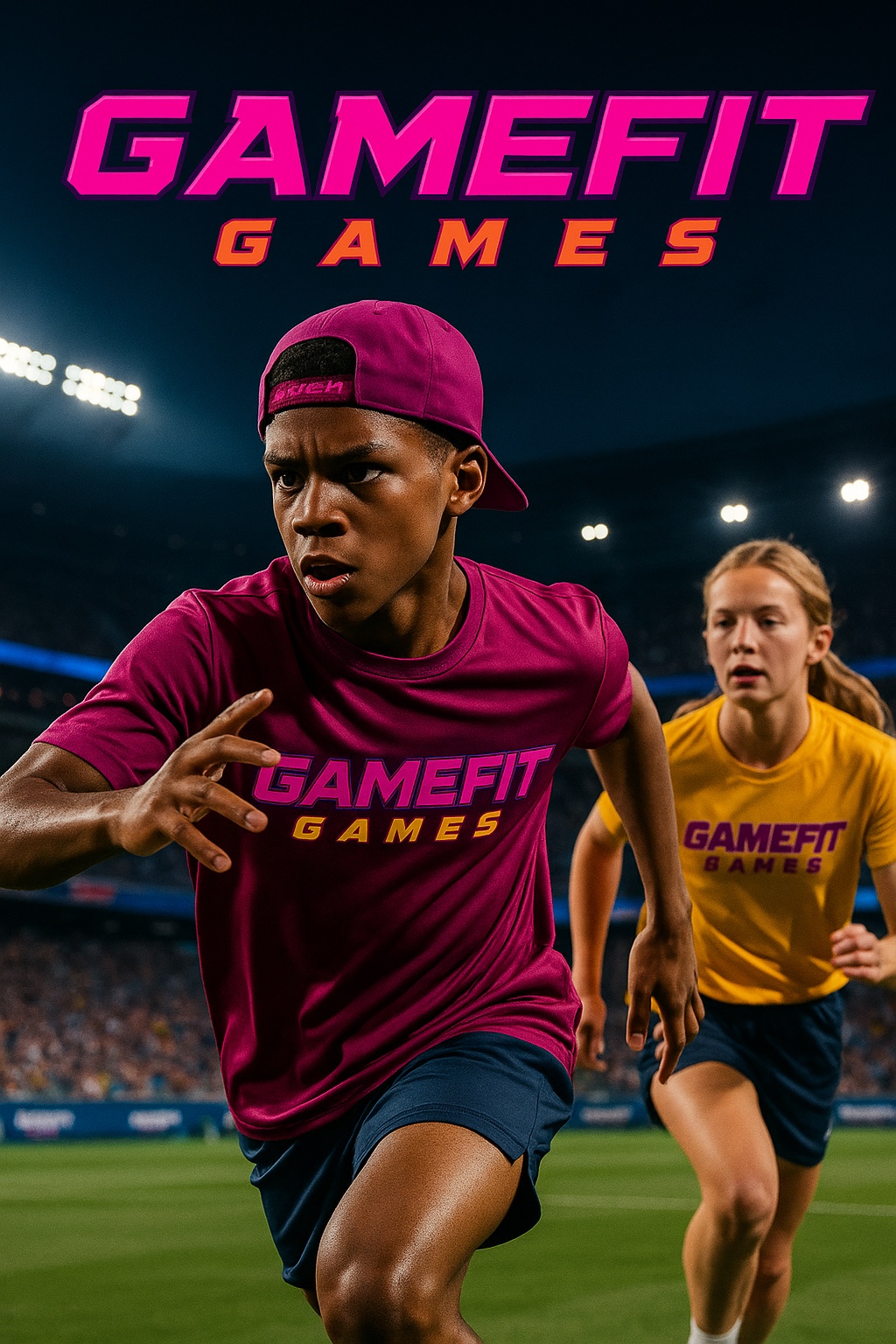Young athletes moving under stadium lights in GameFit Games apparel