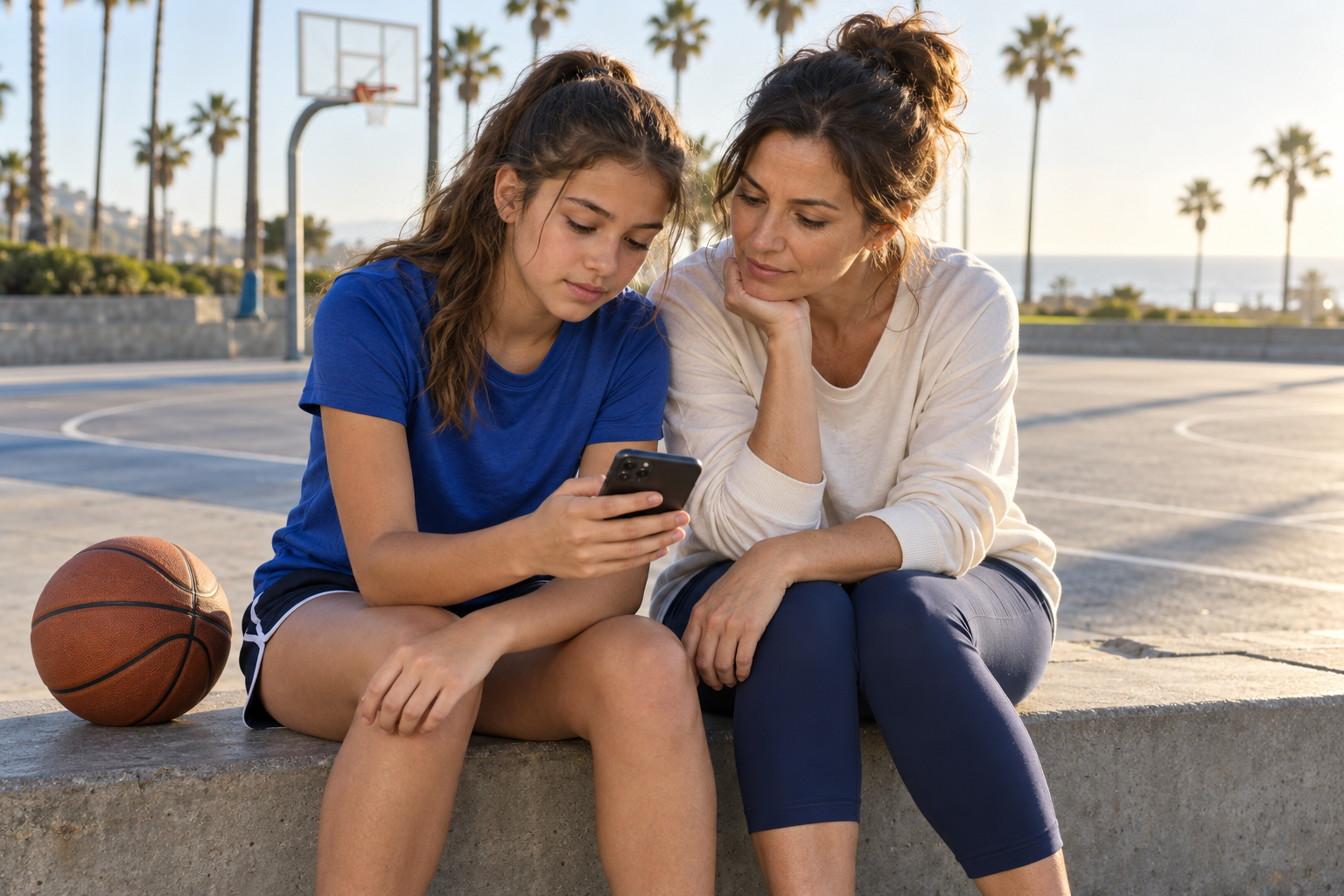 A mother and teenage daughter sit beside a basketball court looking together at a smartphone, with a basketball resting next to them. Illustrative artwork.