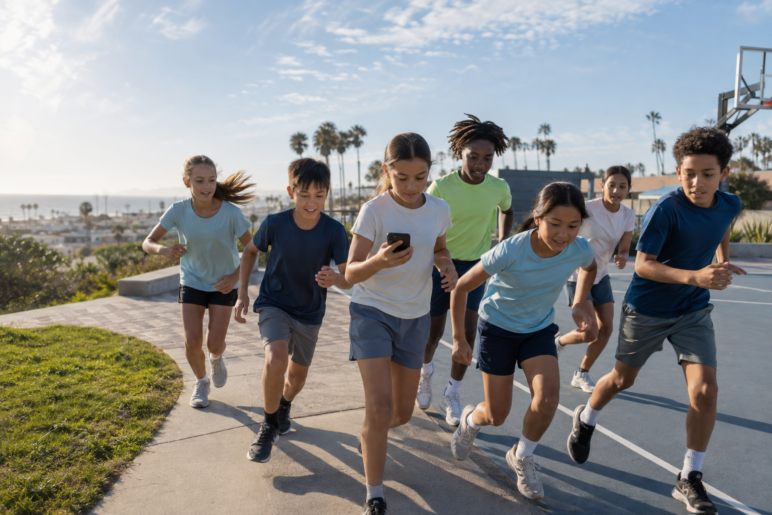 A group of young people moving together outdoors while one participant checks a digital mission cue