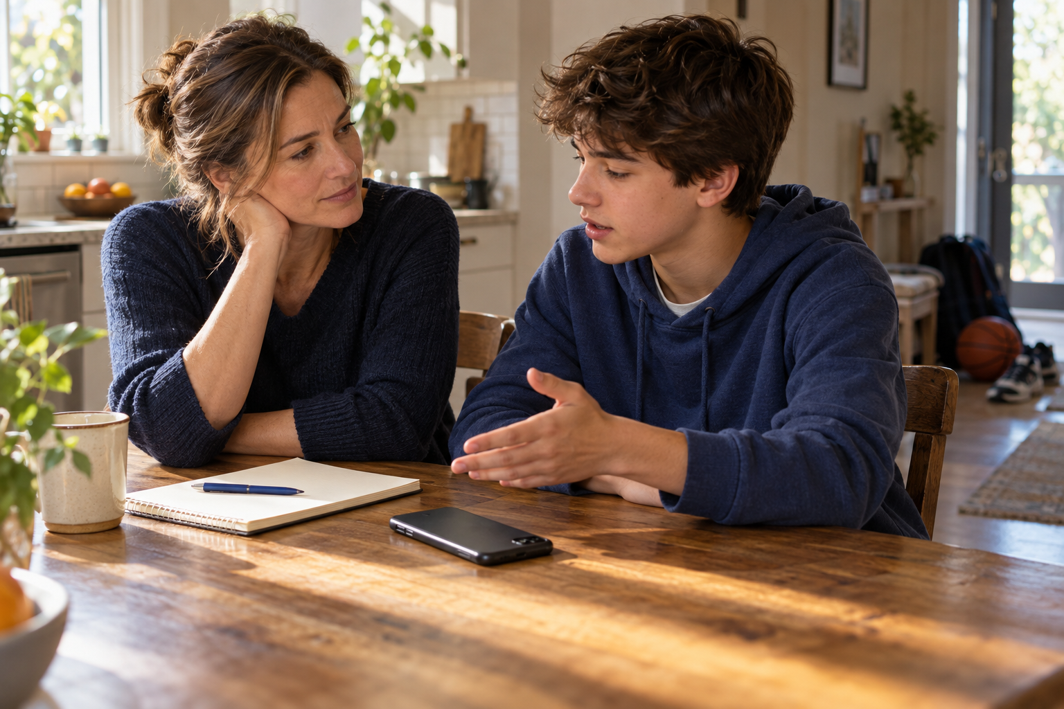Illustration of a parent listening to a teenager at a kitchen table, with a phone and notebook between them.