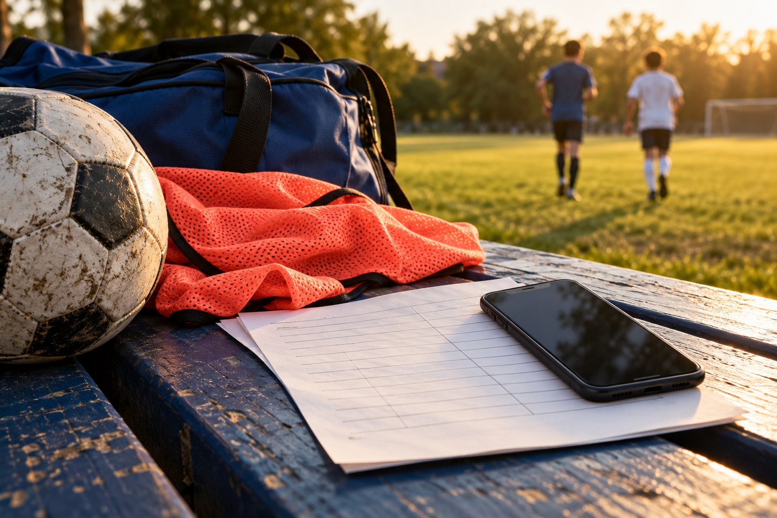 A phone rests on a lined planning sheet beside a soccer ball, training bib and sports bag, with two young players heading onto a field in the background. Illustrative artwork.